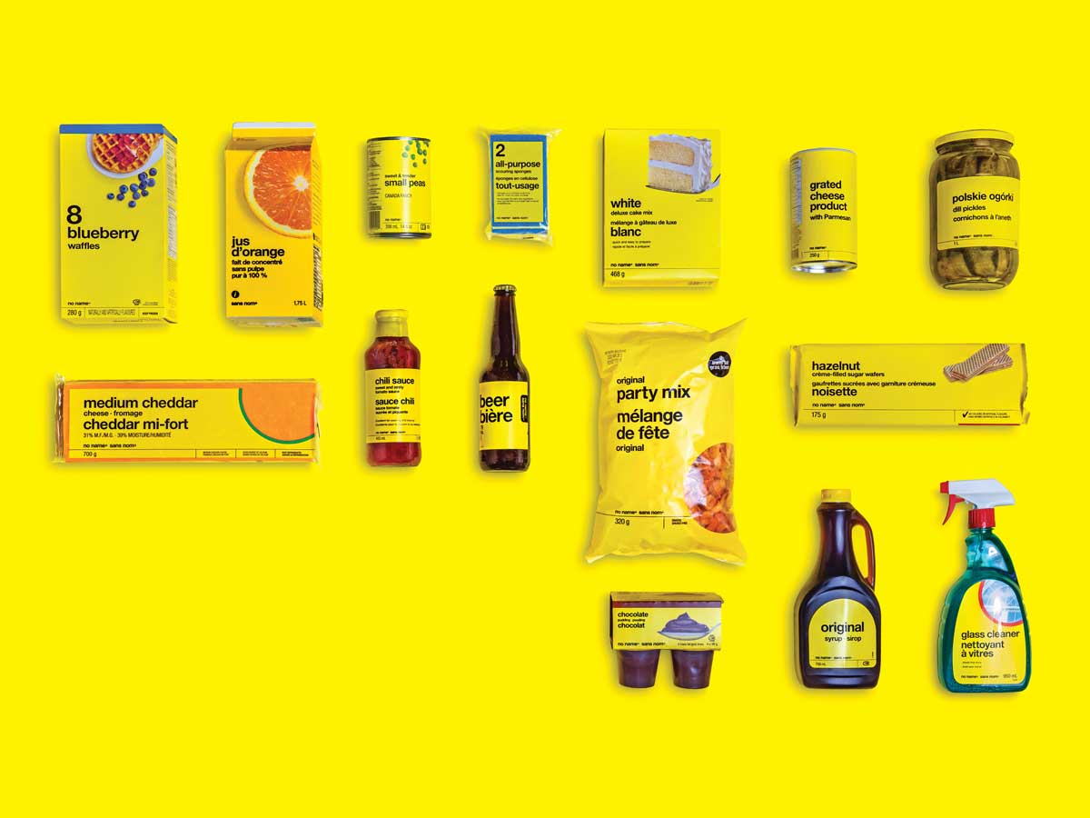 Group of No Name brand products on yellow background